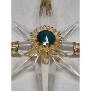 Vintage Acrylic Star Ornament Gold Filigree Emerald Green Rhinestone Starburst